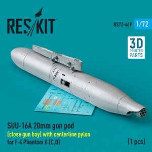 RESKIT RS72-0469 SUU-16A 20mm gun pod (close gun bay) with centerline pylon for F-4 Phantom II (C,D) (1 pcs) (3D Printed) 1/72
