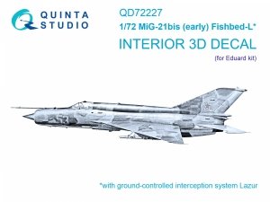 Quinta Studio QD72227 MiG-21bis early 3D-Printed & coloured Interior on decal paper ( Eduard ) 1/72
