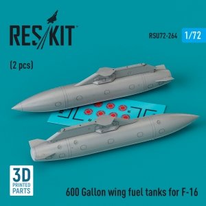 RESKIT RSU72-0264 600 Gallon wing fuel tanks for F-16 (2 pcs) (3D Printed) 1/72