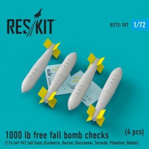 RESKIT RS72-0187 1000 LB FREE FALL BOMB CHECKS (114 TAIL-947 TAIL FUZE) (4 PCS) 1/72