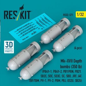 RESKIT RS32-0571 Mk-XVII Depth bombs (350 lb) (4 pcs) (PB4Y-1, PB4Y-2, PBY/PBN, PB2Y, SB2C, SOC, SO3C, SC, SBD, JRF, J4F, TBF/TBM, PV-1, PV-2, PBM, PBJ, OS2U, SB2U) (3D Printed) (1/32)