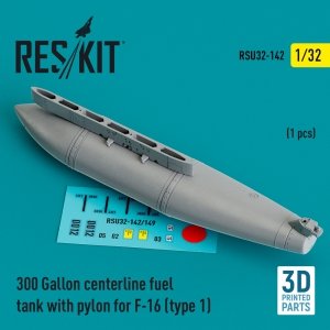 RESKIT RSU32-0142 300 Gallon centerline fuel tank with pylon for F-16 (type 1) (1 pcs) (3D Printed) 1/32