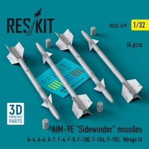 RESKIT RS32-0479 AIM-9E Sidewinder missiles (4 pcs) (3D Printed) 1/32