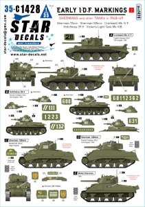Star Decals 35-C1428 Early IDF markings # 2. Israeli armoured cars and AFVs in 1948-49. Sherman 75mm, Sherman 105mm, Cromwell Mk IVF, Hotchkiss 39 H, Vickers Light Tank Mk VI B. 1/35