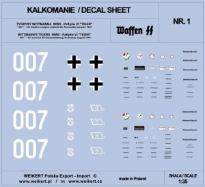 Weikert Decals DEC201 TIGER I - czołg 007 - 101 batalion czołgów ciężkich SS, Normandia, sierpień 1944 - vol.1 1/35