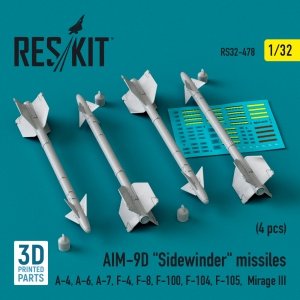 RESKIT RS32-0478 AIM-9D Sidewinder missiles (4 pcs) (3D Printed) 1/32