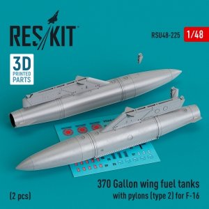 RESKIT RSU48-0225 370 Gallon wing fuel tanks with pylons (type 2) for F-16 (2 pcs) (3D Printed) 1/48