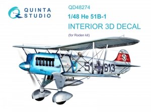 Quinta Studio QD48274 He 51B 3D-Printed & coloured Interior on decal paper (Roden) 1/48