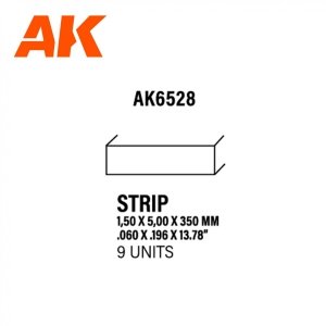 AK Interactive AK6528 STRIPS 1.50 X 5.00 X 350MM – STYRENE STRIP – (9 UNITS)