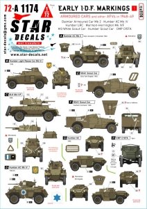 Star Decals 72-A1174 Early IDF markings # 1. Israeli armoured cars and AFVs in 1948-49. Daimler AC Mk 2, Humber AC Mk IV, Humber LRC, Marmon-Herrington Mk IVF, M3 White Scout Car, Humber SC, CMP C15TA. 1/72