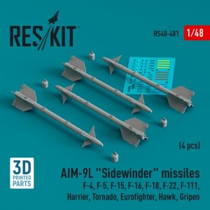 RESKIT RS48-0481 AIM-9L Sidewinder missiles (4 pcs) (3D Printed) 1/48