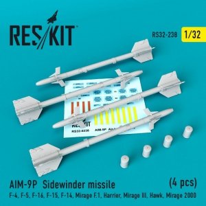 RESKIT RS32-0238 AIM-9P SIDEWINDER MISSILES (4 PCS) 1/32