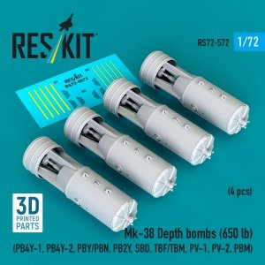 RESKIT RS72-0572 Mk-38 Depth bombs (650 lb) (4 pcs) (PB4Y-1, PB4Y-2, PBY/PBN, PB2Y, SBD, TBF/TBM, PV-1, PV-2, PBM) (3D Printed) (1/72)