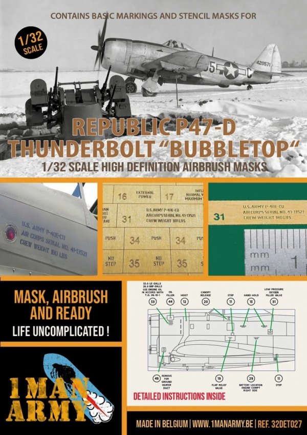 1 Man Army 32DET027 Republic P47-D Thunderbolt "Bubbletop" - basic markings and stencil masks 1/32
