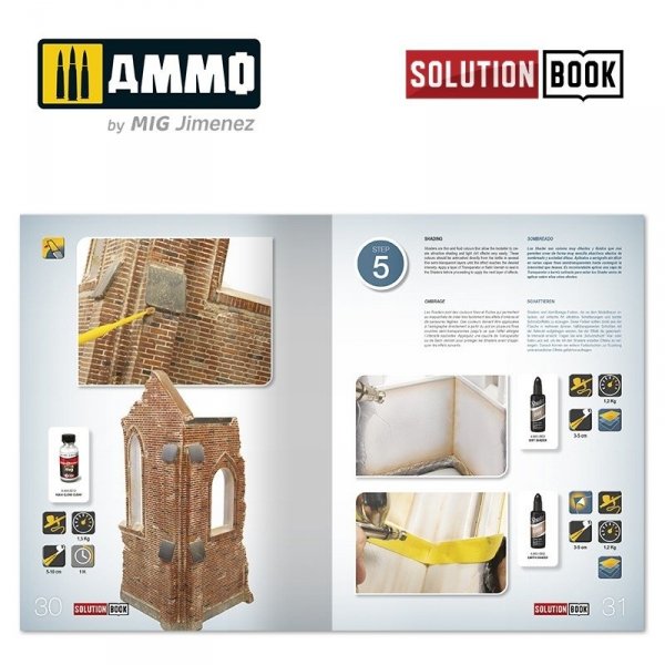 AMMO of Mig Jimenez 6510 How to Paint Brick Buildings. Colors &amp; Weathering System Solution Book (Multilingual)