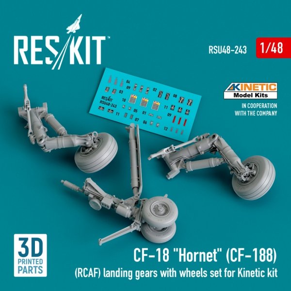 RESKIT RSU48-0243 CF-18 &quot;Hornet&quot; (CF-188) (RCAF) landing gears with wheels set for Kinetic kit (3D Printed) 1/48
