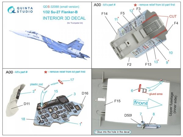 Quinta Studio QDS-32088 Su-27 3D-Printed &amp; coloured Interior on decal paper (Trumpeter) (small version) 1/32