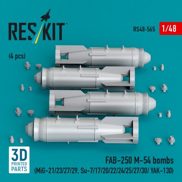 RESKIT RS48-0565 FAB-250 М-54 bombs (4 pcs) (MiG-21/23/27/29, Su-7/17/20/22/24/25/27/30/ YAK-130) (3D Printed) (1/48)