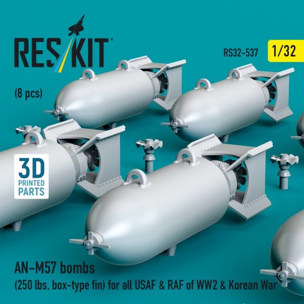 RESKIT RS32-0537 AN-M57 bombs (250 lbs, box-type fin) for all USAF &amp; RAF of WW2 &amp; Korean War (8 pcs) (3D Printed) 1/32