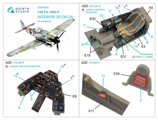 Quinta Studio QD48265 Fw 190A-8 3D-Printed &amp; coloured Interior on decal paper ( Hasegawa ) 1/48