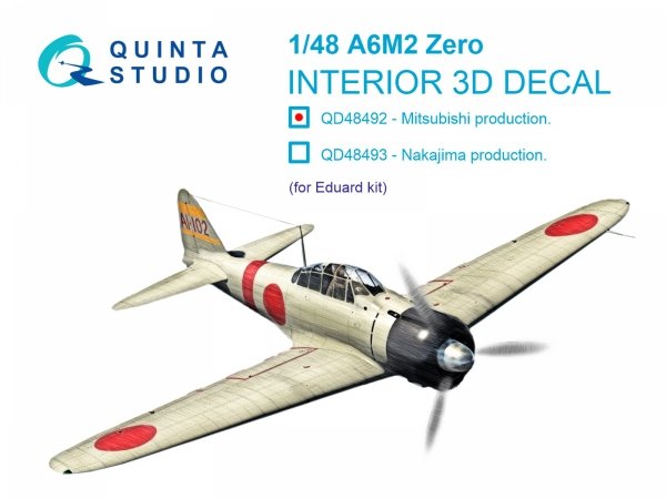 Quinta Studio QD48492 A6M2 Zero Mitsubishi Production 3D-Printed coloured Interior on decal paper (Eduard) 1/48