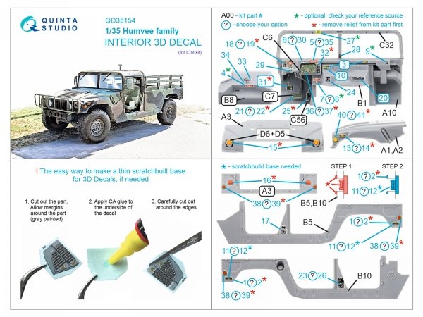 Quinta Studio QD35154 Humvee family 3D-Printed &amp; coloured Interior on decal paper (ICM) 1/35