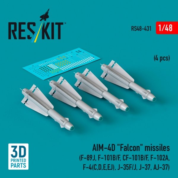 RESKIT RS48-0431 AIM-4D &quot;Falcon&quot; missiles (4 pcs) (3D Printed) 1/48