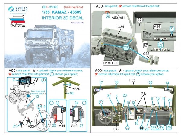 Quinta Studio QDS-35068 KAMAZ-43509 3D-Printed &amp; coloured Interior on decal paper (Zvezda) (Small version) 1/35