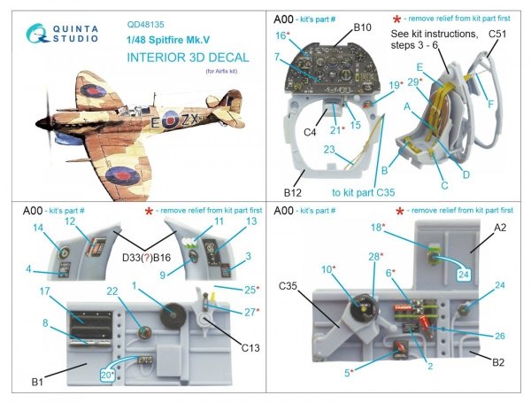 Quinta Studio QD48135 Spitfire Mk.V 3D-Printed &amp; coloured Interior on decal paper (Airfix) 1/48