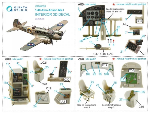 Quinta Studio QD48333 Avro Anson Mk.I 3D-Printed &amp; coloured Interior on decal paper (Airfix) 1/48