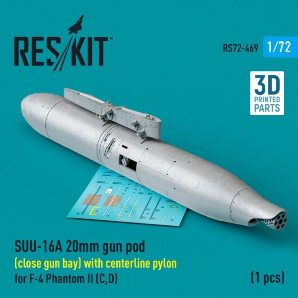 RESKIT RS72-0469 SUU-16A 20mm gun pod (close gun bay) with centerline pylon for F-4 Phantom II (C,D) (1 pcs) (3D Printed) 1/72