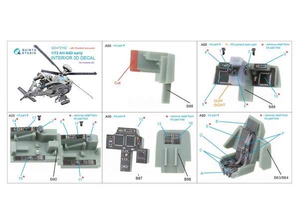 Quinta Studio QD+72152 AH-64D early 3D-Printed coloured Interior on decal paper (Academy)(with 3D-printed resin part) 1/72