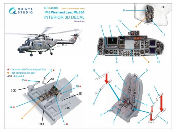 Quinta Studio QD+48484 Lynx Mk88A 3D-Printed &amp; coloured Interior on decal paper ( Airfix )( with 3D-printed resin parts ) 1/48
