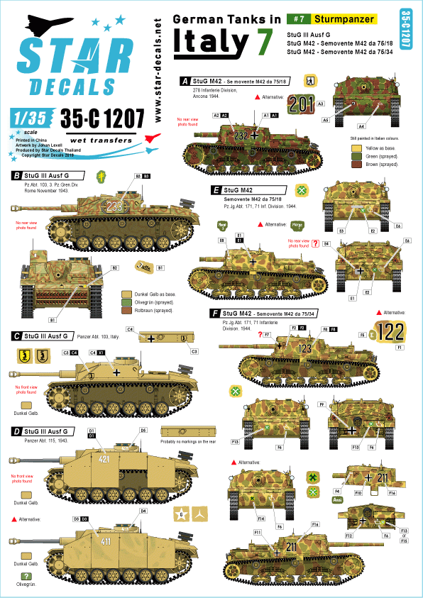 Star Decals 35-C1207 German tanks in Italy # 7 Sturmpanzer 1/35