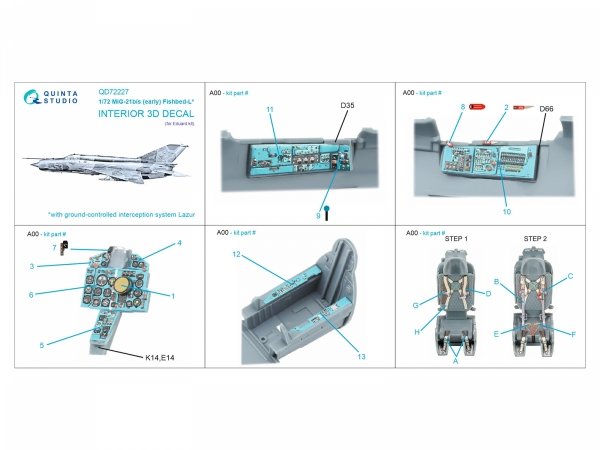 Quinta Studio QD72227 MiG-21bis early 3D-Printed &amp; coloured Interior on decal paper ( Eduard ) 1/72