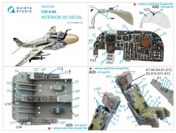 Quinta Studio QD32108 A-6A Intruder 3D-Printed &amp; coloured Interior on decal paper (Trumpeter) 1/32
