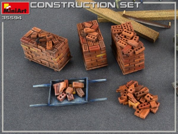 MiniArt 35594 Construction Set Kit: Ladders, Table, Buckets, Bricks, Cart, Anvil, Beams, Jack Stand &amp; Tools 1/35