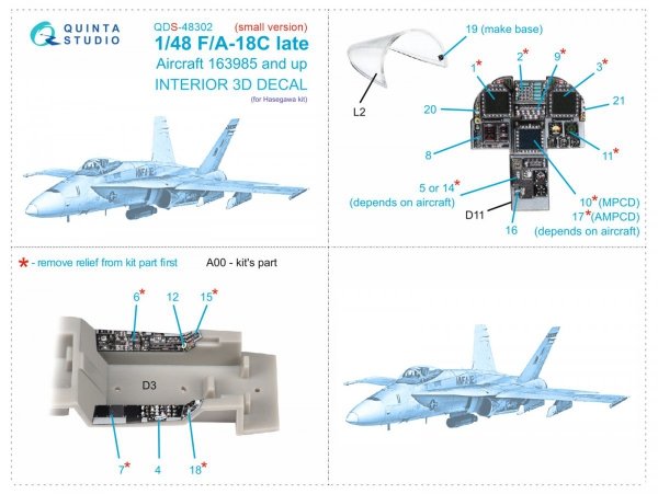 Quinta Studio QDS-48302 F/A-18C late 3D-Printed &amp; coloured Interior on decal paper (Hasegawa) (Small version) 1/48