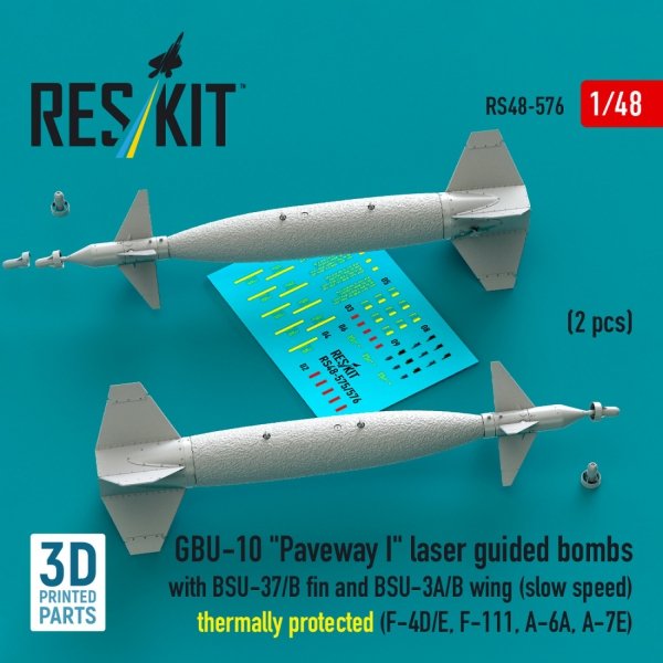 RESKIT RS48-0576 GBU-10 "Paveway I" laser guided bombs with BSU-37/B fin and BSU-3A/B wing (slow speed) thermally protected (2 pcs) (3D Printed) 1/48