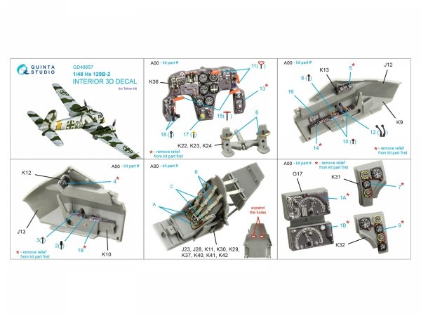 Quinta Studio QD48657 Hs 129B-2 3D-Printed &amp; coloured Interior on decal paper (Takom) 1/48
