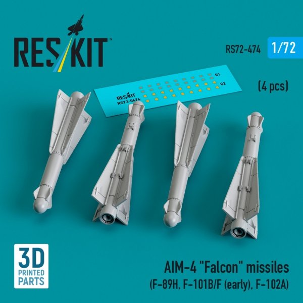 RESKIT RS72-0474 AIM-4 "Falcon" missiles (4 pcs) (F-89H, F-101B/F (early), F-102A) (3D Printed) (1/72)