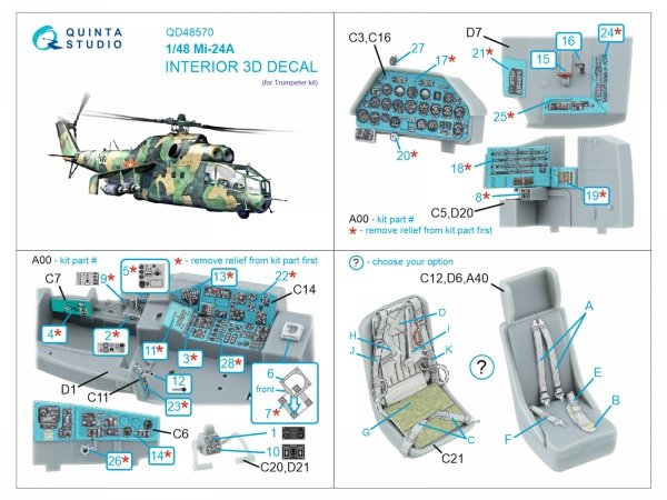 Quinta Studio QD48570 Mi-24A 3D-Printed &amp; coloured Interior on decal paper (Trumpeter) 1/48