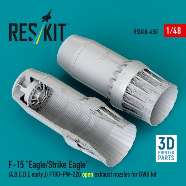 RESKIT RSU48-0450 F-15 "Eagle/Strike Eagle" (A,B,C,D,E early,J) F100-PW-220 open exhaust nozzles for GWH kit (3D Printed) 1/48