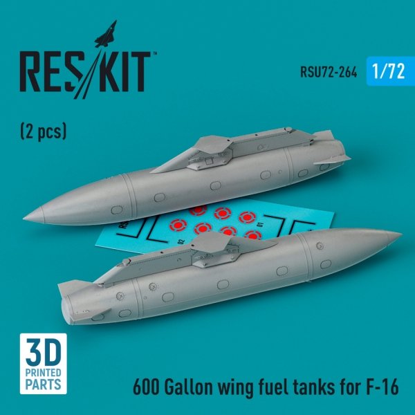 RESKIT RSU72-0264 600 Gallon wing fuel tanks for F-16 (2 pcs) (3D Printed) 1/72