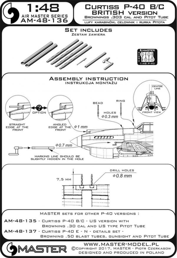 Master AM-48-136 Curtiss P-40 B/C Tomahawk II - wersja UK - lufy karabinów Browning .30 cal i brytyjska wersja Rurki Pitota (1:48)