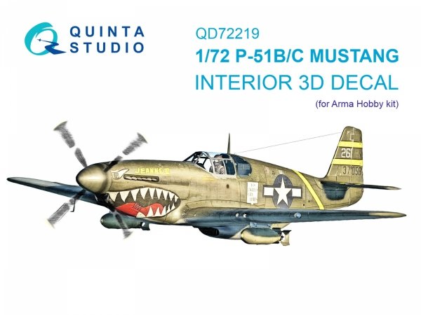 Quinta Studio QD72219 P-51B/P-51C Mustang 3D-Printed &amp; coloured Interior on decal paper (Arma Hobby) 1/72