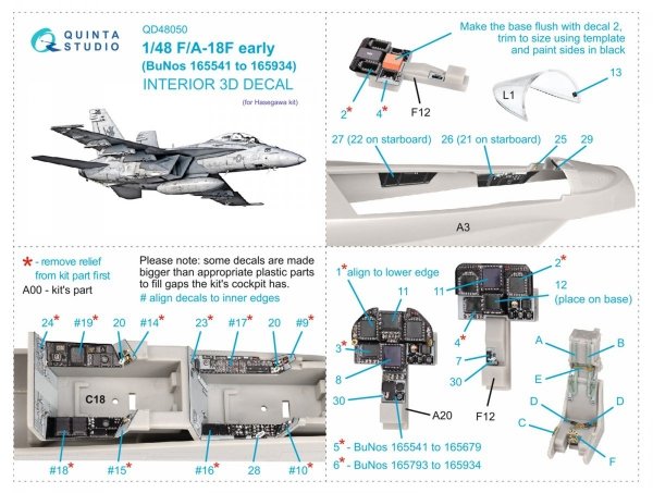 Quinta Studio QD48050 F/A-18F early 3D-Printed &amp; coloured Interior on decal paper (Hasegawa) 1/48