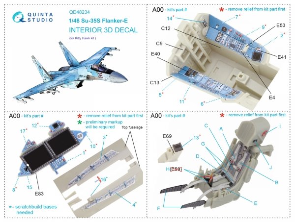 Quinta Studio QD48234 Su-35S 3D-Printed &amp; coloured Interior on decal paper (KittyHawk) 1/48