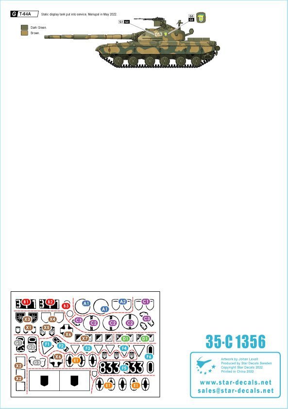 Star Decals 35-C1356 War in Ukraine #4 Ukrainian T-64 mix in 2022 war. T-64A, T-64B, T-64BV and T-64BM 'Bulat'. Plus generic insignias 1/35