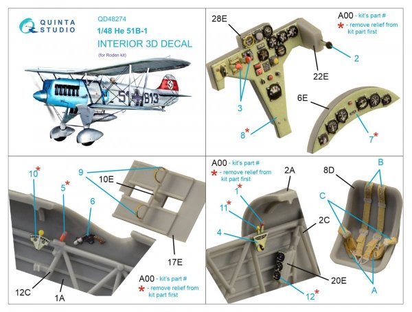 Quinta Studio QD48274 He 51B 3D-Printed &amp; coloured Interior on decal paper (Roden) 1/48